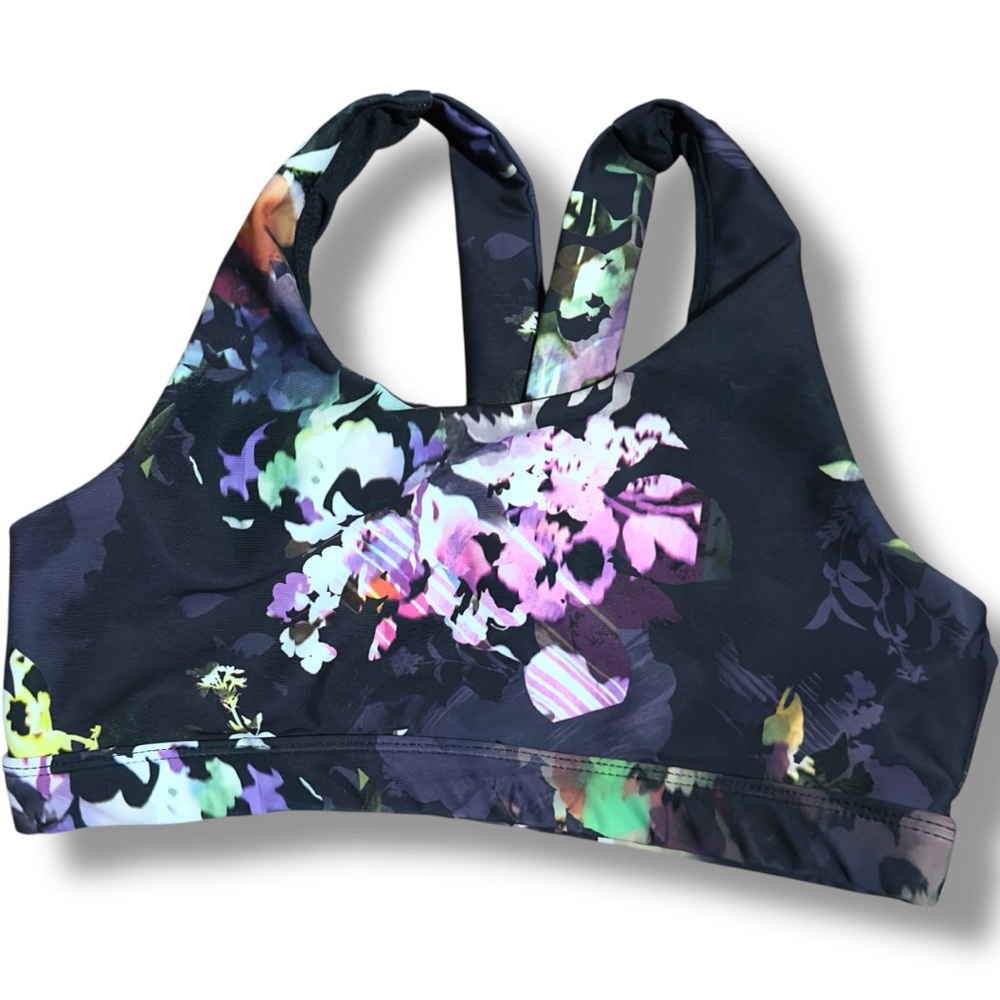 Old Navy | NWOT Girl’s Black Purple Green Floral Racerback Sports Bra (size L)